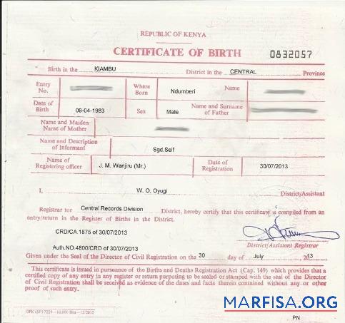 Printable Kenya Register of births death certificate real example